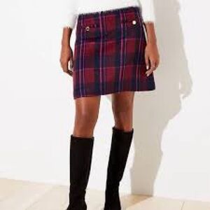 LOFT Plaid Wool Blend Mini Skirt Red Navy Pink Size 14 NWT Fall Winter Holiday